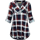 Miusey Womens Buffalo Plaid Roll Sleeve V Neck Flowy Loose Tunic Blouse