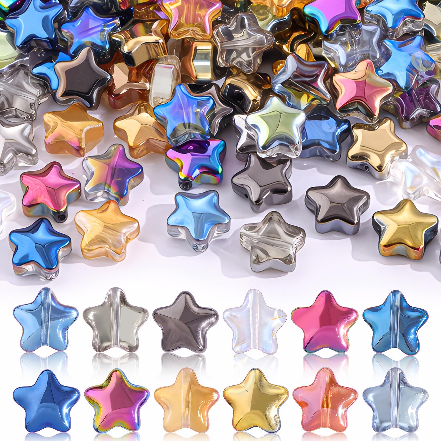 Photo 1 of 200PCS 8MM Bedazzling Irisedent Glass Beads,Crystal Star Beads,Fancy Shine Mixed Colors Loose Beads for Necklace Bracelet Earring Jewelry Making, Cute Spacer Beads for Crafting & DIY