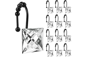 Sunlit Luxury Design Square Clear Diamond Crystal Gem Bling with Glide Balls Shower Curtain Hooks, Rust Proof Metal Rhineston