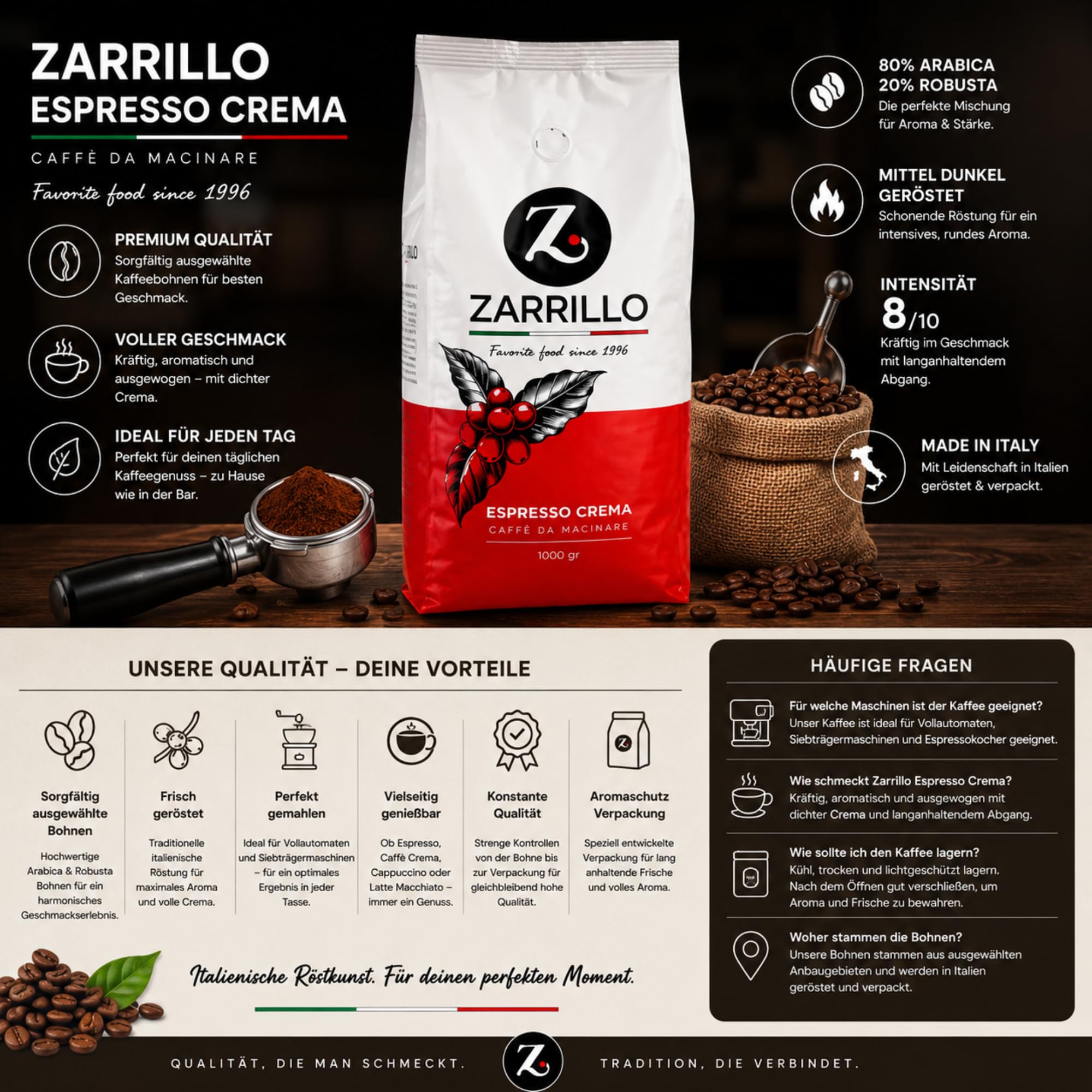 ZARRILLO Italienische Espresso Kaffeebohnen, Arabica und Robusta, für Vollautomaten & Siebträgermaschinen, Kräftige Crema, Mittlere Röstung (1 kg (1er Pack)) 6