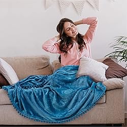 PAVILIA Teal Blue Throw Blanket Pom Pom for