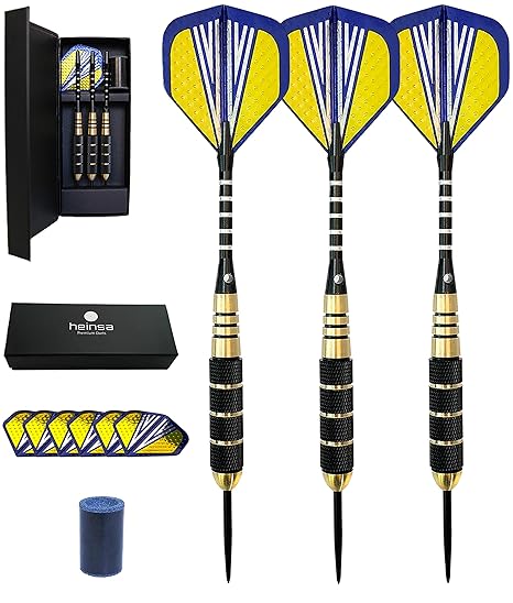 heinsa Premium Dartpfeile mit Metallspitze Set | 3 Steeldarts 23g (20g Barrel) mit Aluminium Schäften, 3D Flights, O-Ringe un