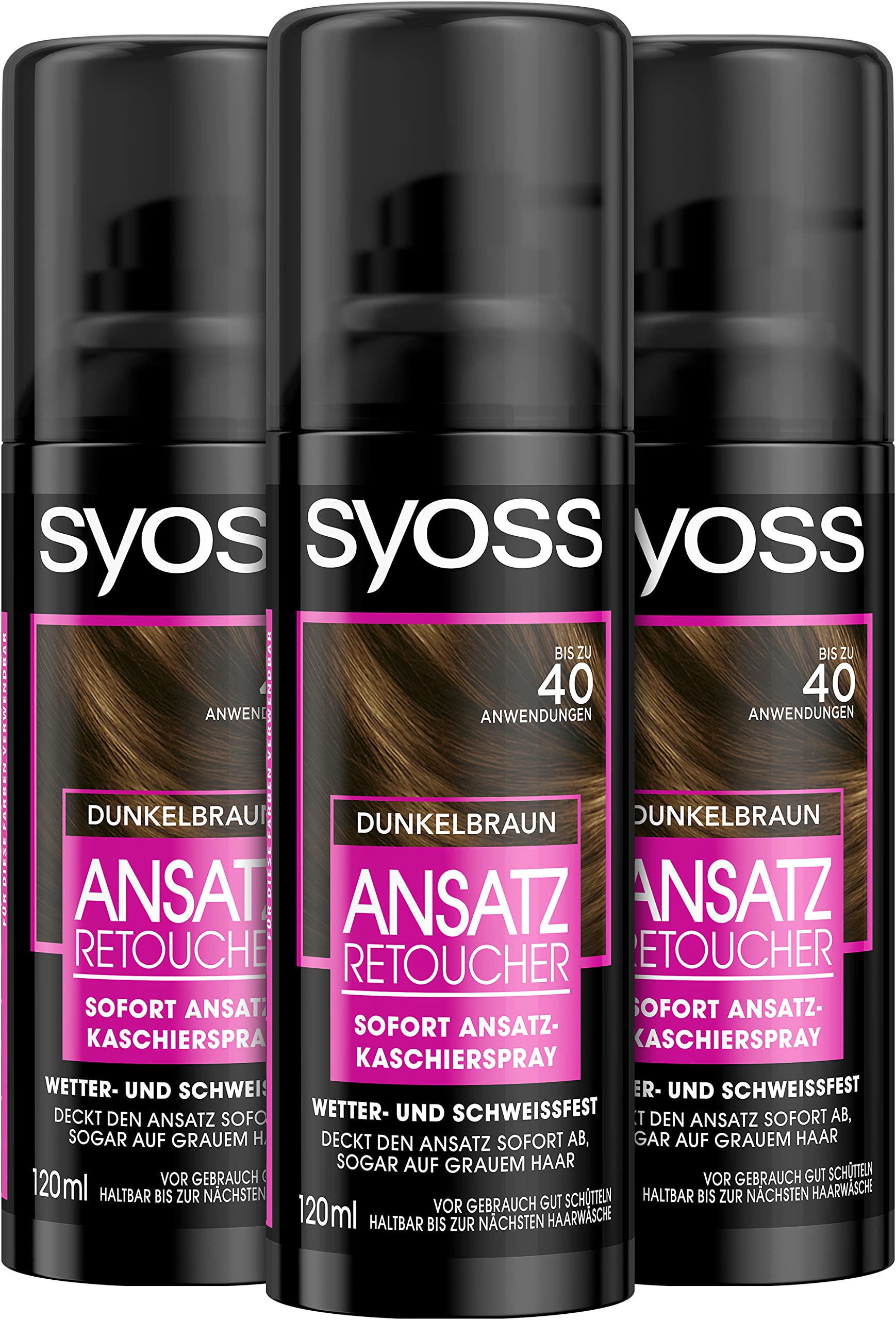 Syoss Root Retoucher Concealer Spray Dark Brown Level 1 (3 x 120 ml), Renewable Root Colour Lasts Until Next Hair Wash