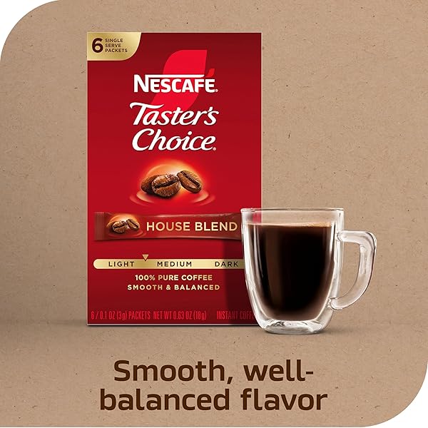NESCAFÉ TASTER’S CHOICE, INSTANT COFFEE PACKETS, LIGHT MEDIUM ROAST COFFEE, HOUSE BLEND, 1 BOX (6 PACKETS)