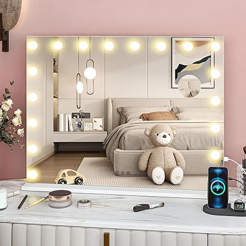 HOMCOM Hollywood Vanity Mirror with Lights, Large 80x62 cm Lighted Makeup Mirror with 3 Colour, 18 LED Bulbs, 10X Magnifying, USB Charging Port, Touch Screen, Tabletop or Wall Mounted Design, White