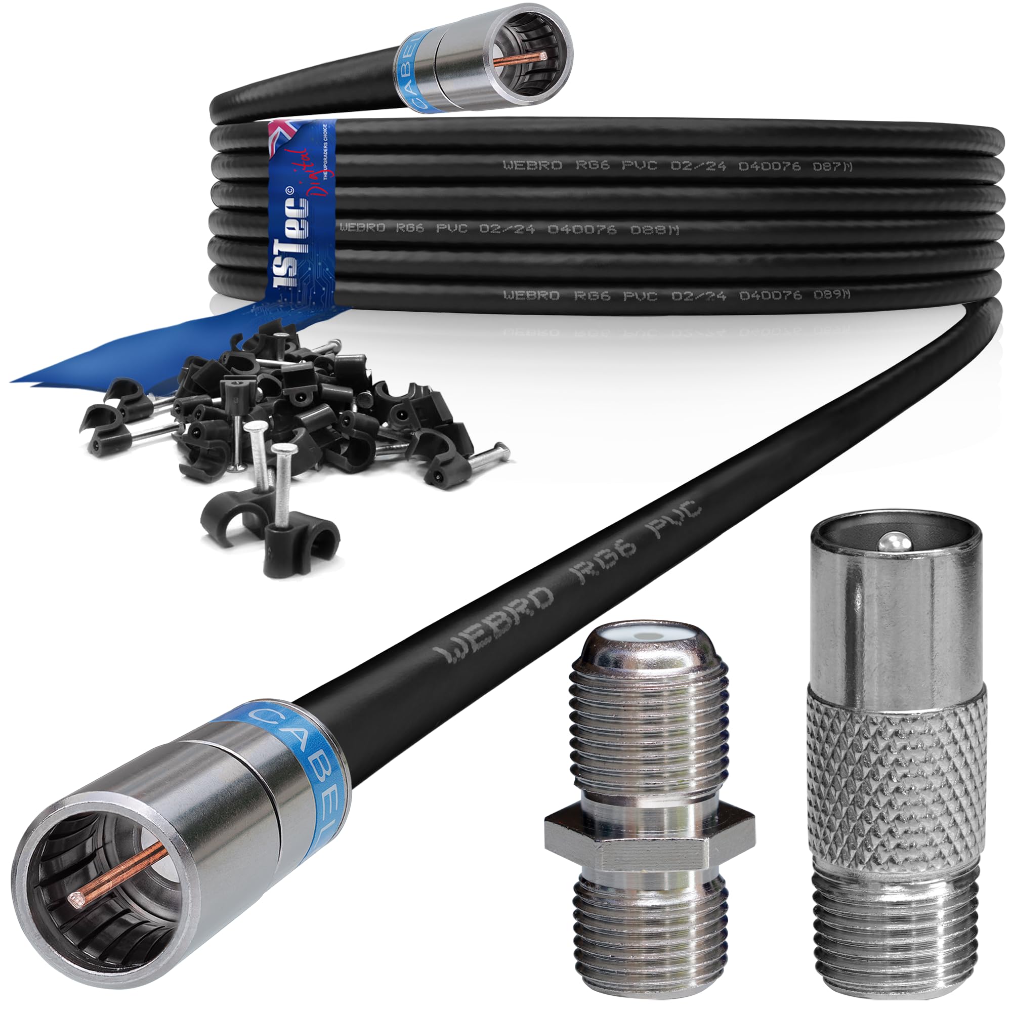 1STec 10m Black Virgin Media Quick Fit Male Push On or Over Female F-connector Technetix Isolator IEC Webro Extension Cable for V6 TIVO Set Top Box VIVID Fibre Super Hub Broadband Modems to 10 Metre — image 1