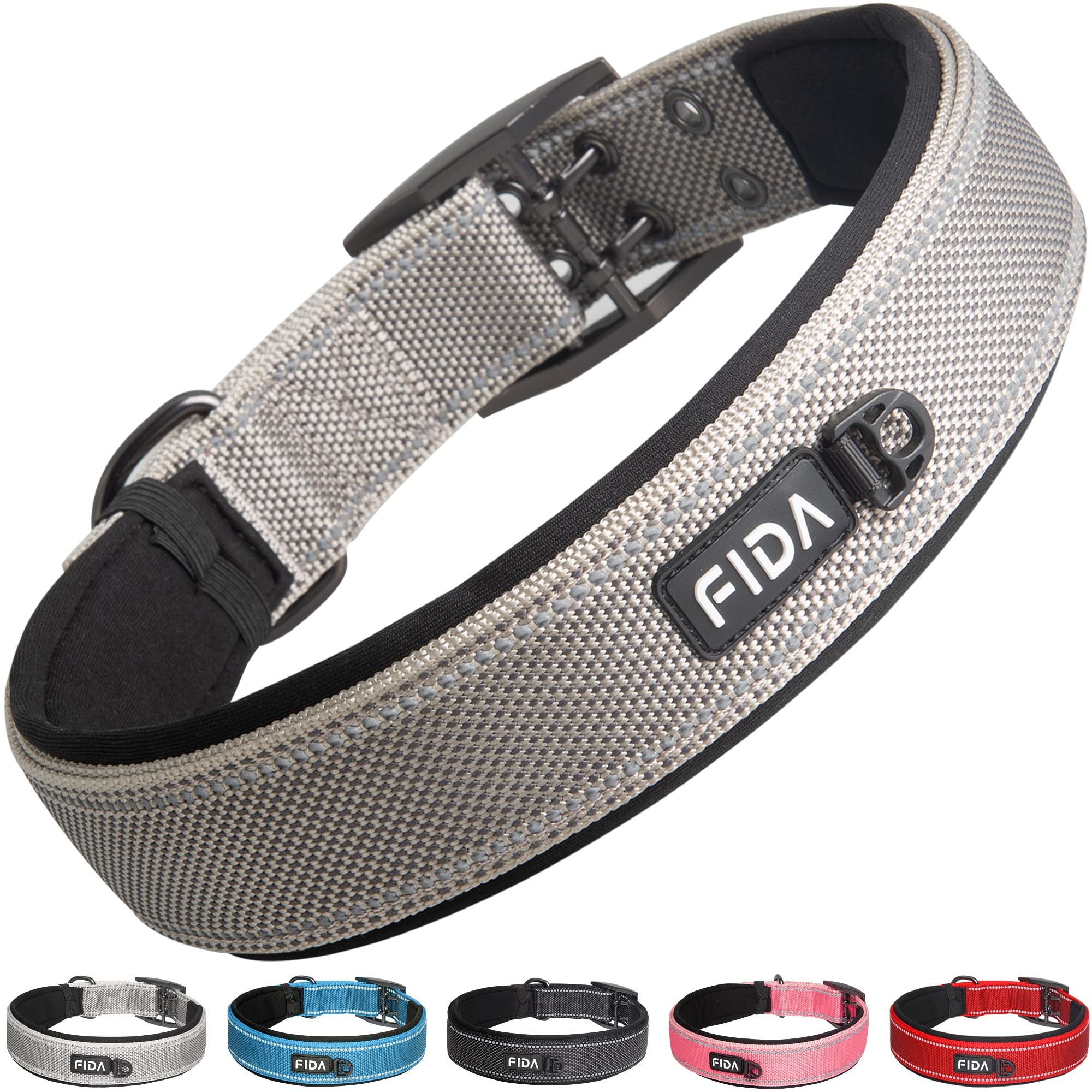 Fida Padded Dog Collar, Metal Belt Buckle Dog Collar with Double-Layer Webbing, Heavy Duty Dog Collar for XLarge Dogs, Grey