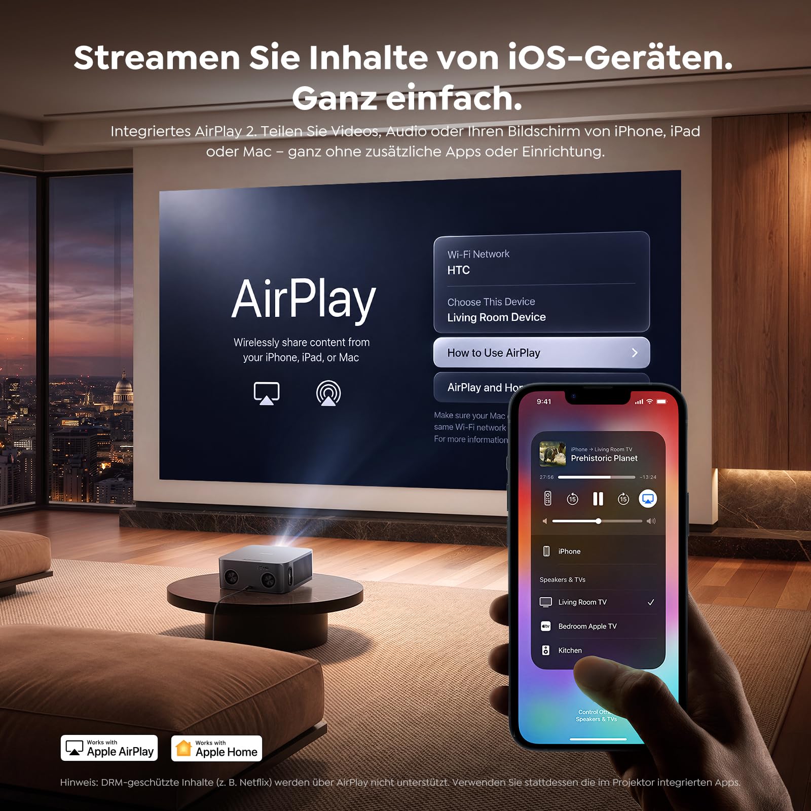 Beamer 4K [Schnellste VIDAA OS] Kompatibel mit Netflix, Dolby Audio & HDR10, 2000ANSI Smart Beamer Heimkino Autofokus Trapezkorrektur, Outdoor Projektor mit App Sprachsteuerung, WLAN/Bluetooth/Handy 7