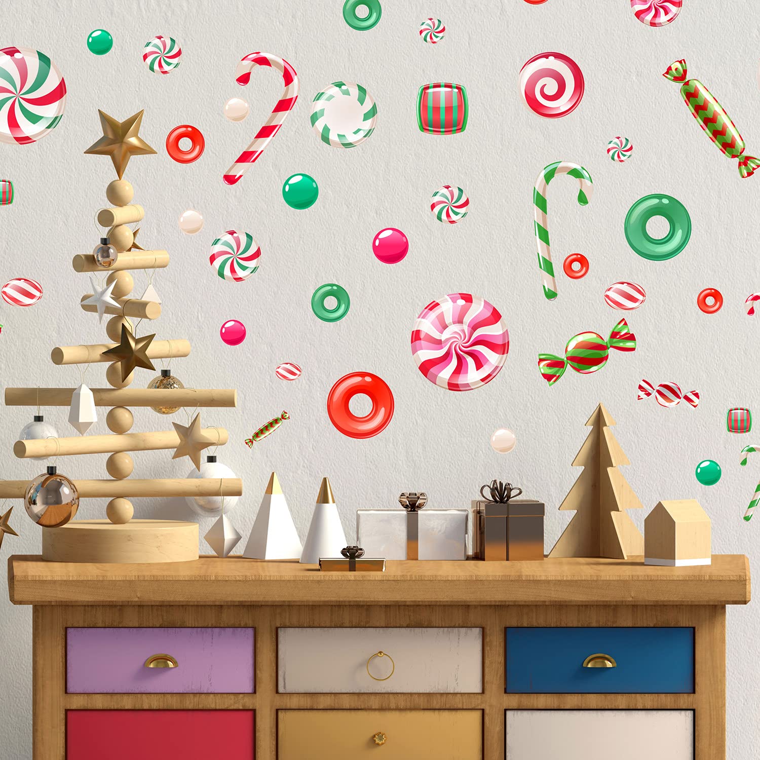 WALPLUS Christmas Decorations Wall Stickers Xmas Peppermint Candy and Sweets Stickers Set Wall Art Window Display Clings Decals Living Room Sale Clearance PVC Decals for Glass Xmas Winter