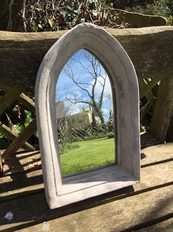 Gothic Stone Garden Mirror with Sandstone Effect. 43cm