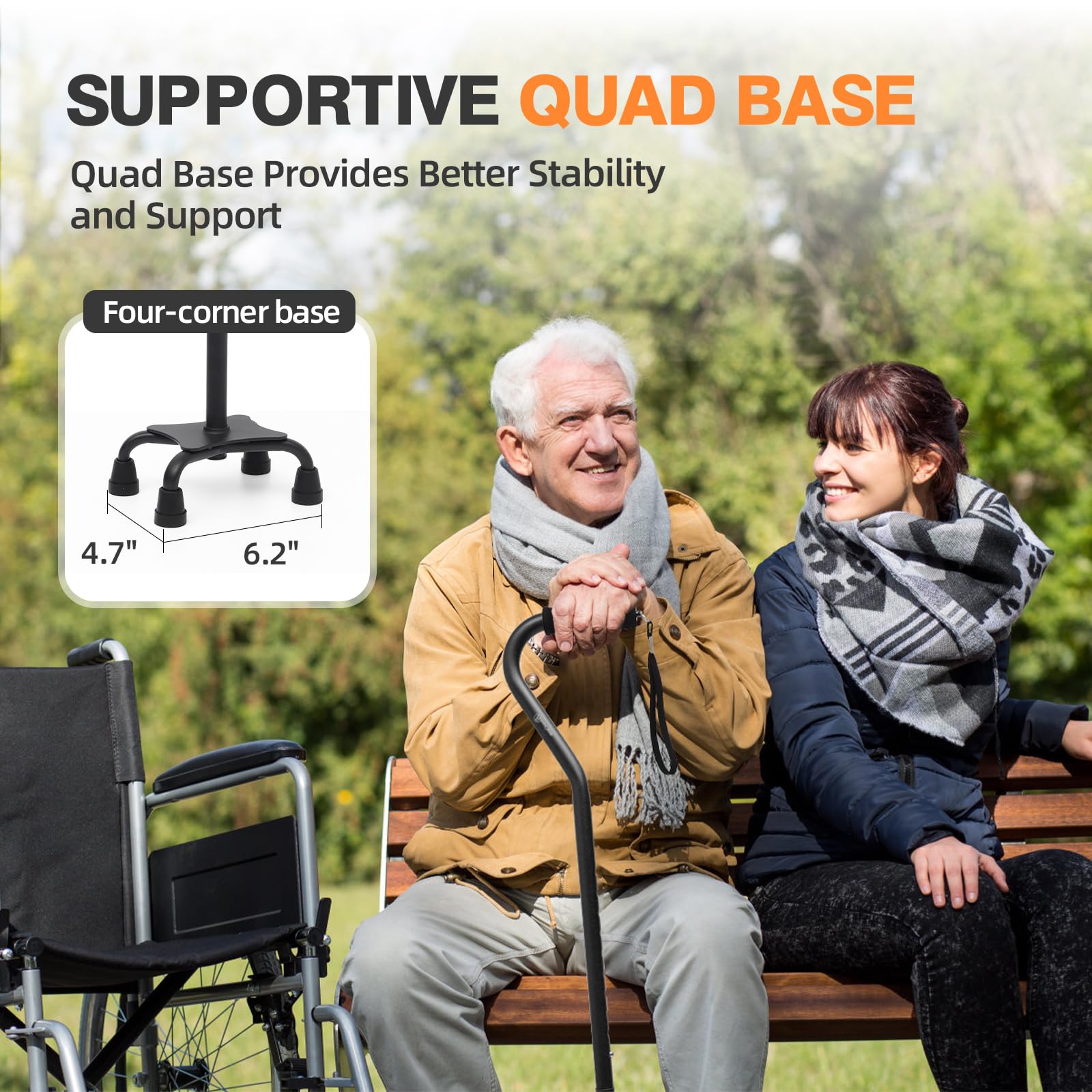 BeneCane Quad Cane Adjustable Walking Cane with Offset Soft Cushioned Handle for Men & Women Lightweight Comfortable with 4-Pronged feet for Extra Stability