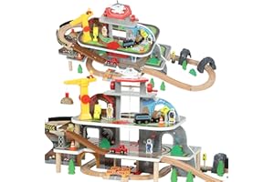 Qaba Ensemble de train en bois, 79 pièces sur le thème de la mine avec rail, grue, hélicoptère et accessoires, jouets STEM ca