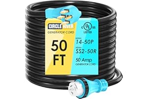 CircleRiver UL Listed 50 Amp Generator Extension Cord 50 Feet NEMA 14-50P Male to SS2-50R & CS6364 STW 6/3+8/1 AWG 125/250V Generator Power Cord Twist Lock Connectors for Generator to House