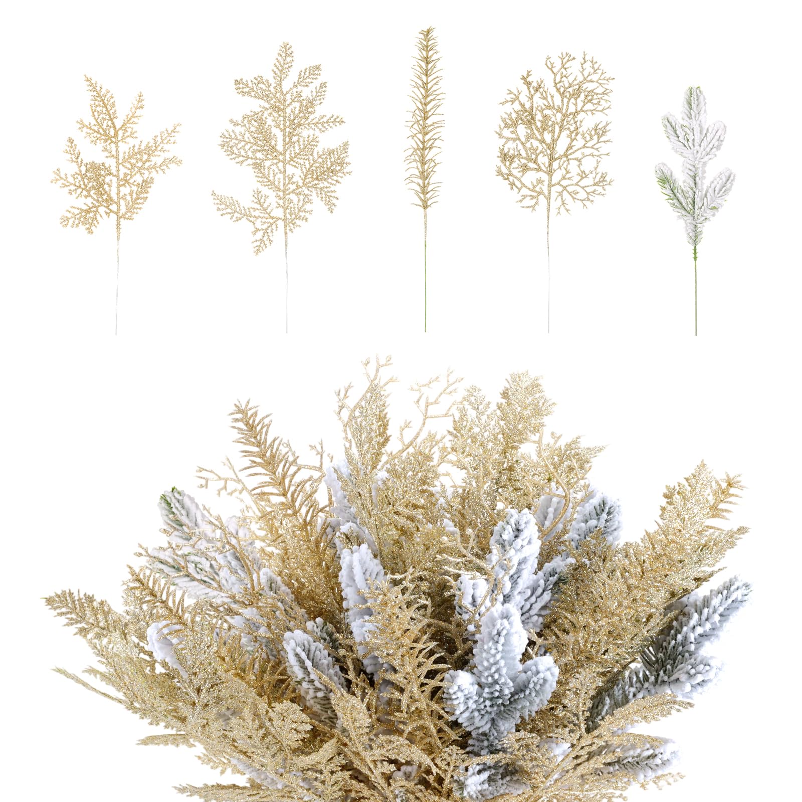 Photo 1 of 42 Total Pcs Christmas Tree Picks and Sprays Set, include 28 Pcs Glitter Stems 12-17", 14 Pcs Snow Frosted Pine Branches 11", Xmas Tree Filler Ornament Diy Wreath Garland Vase Home Party Winter Decor