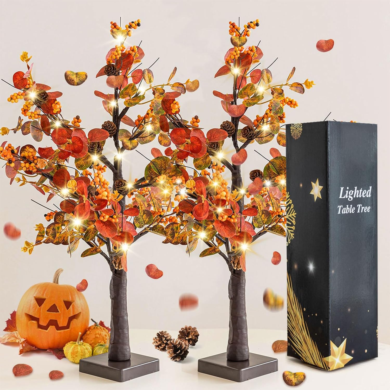 Trees - Ethlomoer 2Pack 24 Inch Artificial Fall Eucalyptus Tree, Prelit 48 LEDs for Thanksgiving Decorations Fall Decor, Battery Operated with Timer, Lighted Autumn Table Tree for Harvest Home Indoor Decor