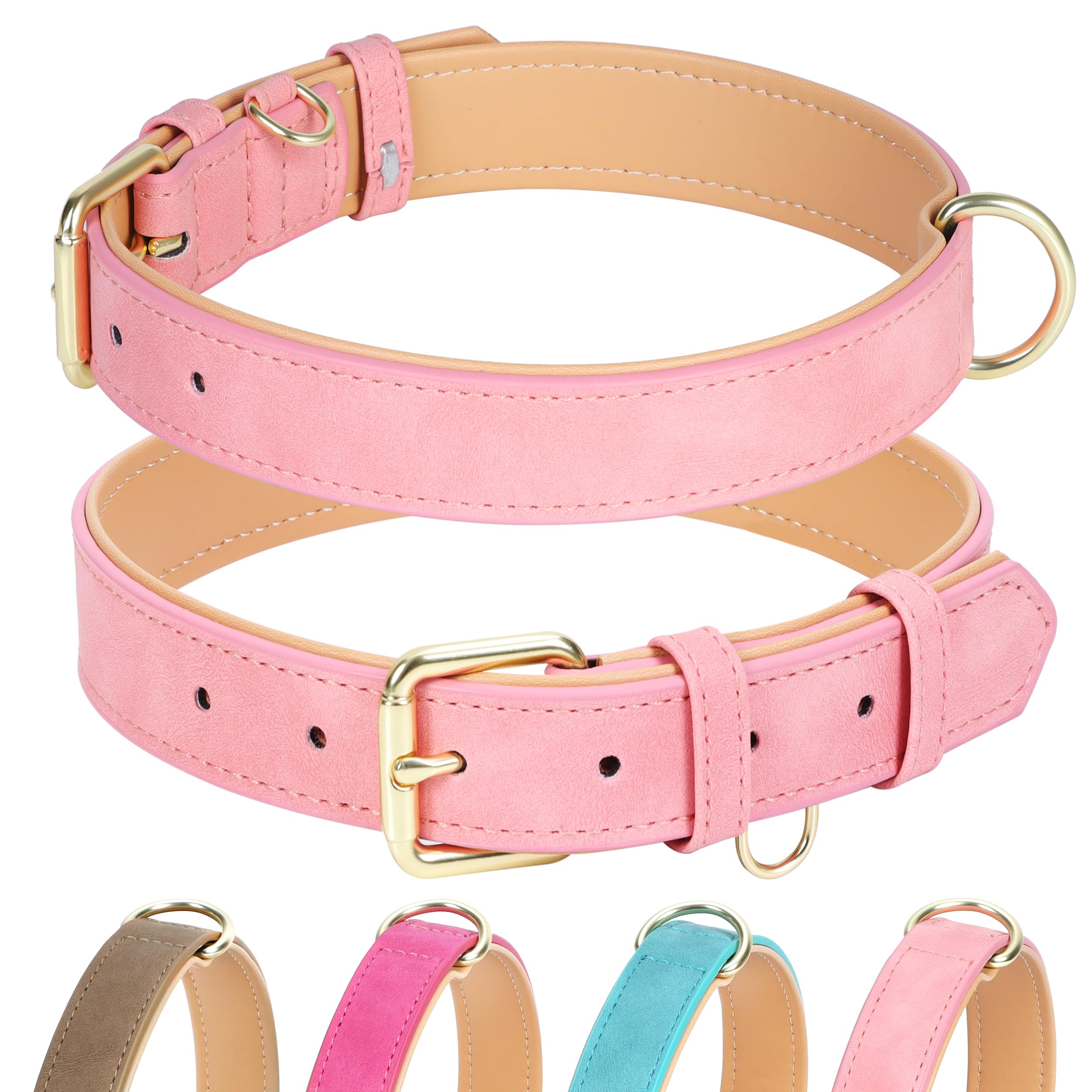 Jumpress Leather Dog Collar for Small Medium Large Dogs, Soft Padded Dog Leather Collar with Heavy Duty Gold Buckle, Durable & Comfortable for Medium Dogs Daily Walking (Pink, M)