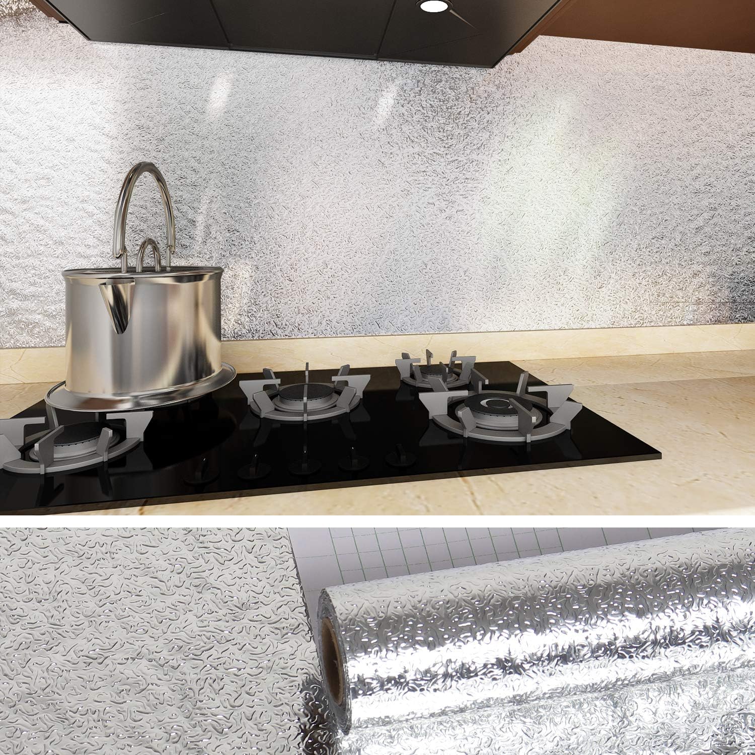 VEELIKE Sticky Back Plastic Roll Aluminum Foil Effect Wallpaper Kitchen Worktop Covering 40cm x 300cm Peel and Stick Vinyl Film Washable Silver Contact Paper for Stove Pot Shelf - Image 5