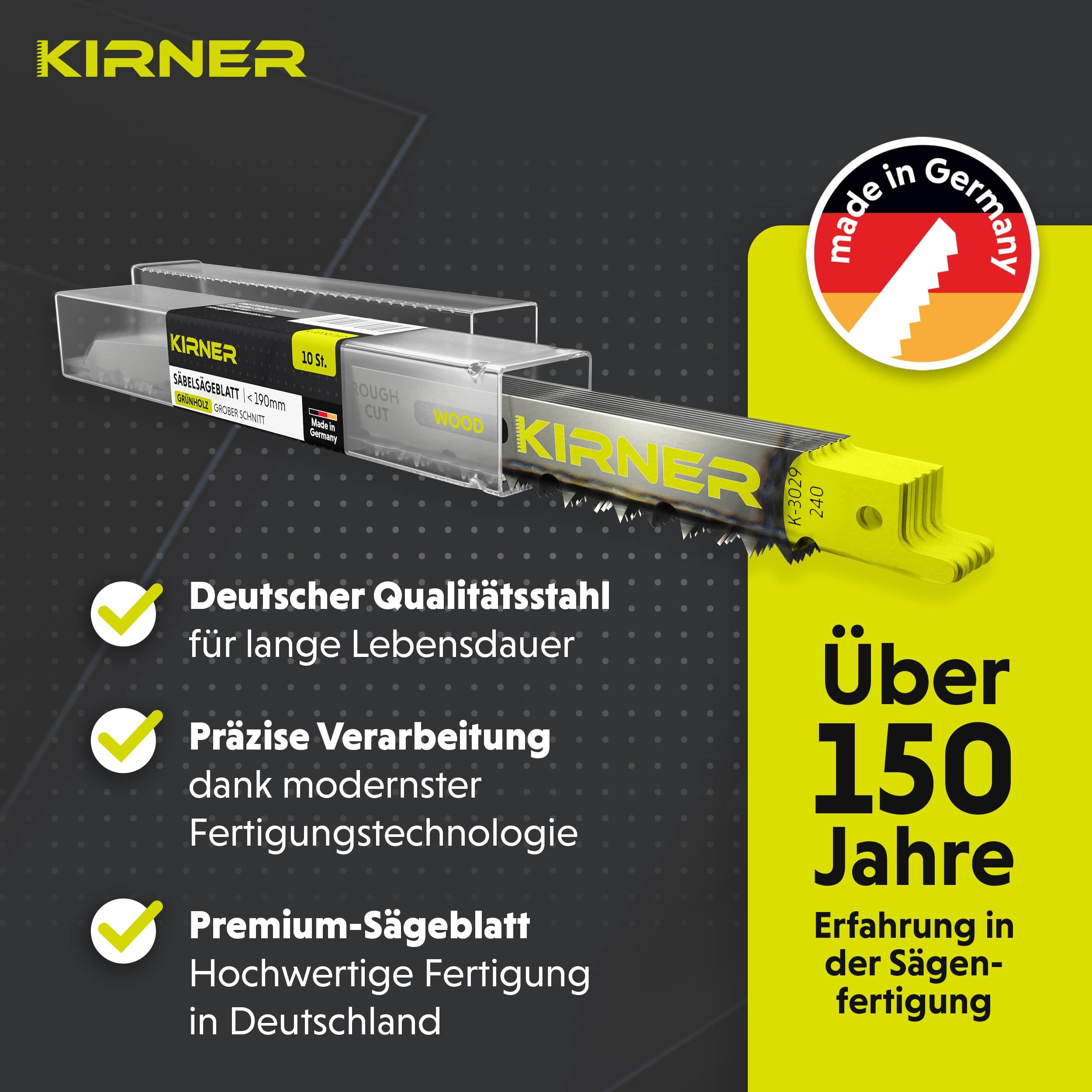 KIRNER Säbelsägeblätter Grünholz & Äste 240mm [ Extrem Scharf & Langlebig ] 10er Pack Sägeblätter Säbelsäge für die Gartenarbeit - Reciprosägeblätter mit Universalaufnahme bis zu 190mm 7