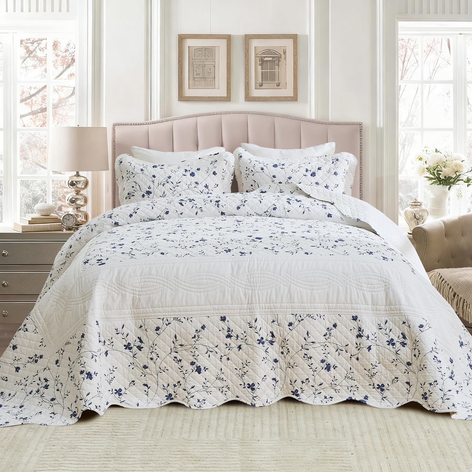Photo 1 of QuiltMuse Farmhouse Bedspreads Queen Size 102"x120" - 100% Cotton Lightweight Oversized Queen Quilt with 2 Pillowshams, Classic Printed Floral Scalloped Edge Bedding Cover for All Season, White/Blue
