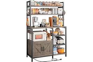 EnHomee Bakers Rack with Power Outlet, 6 Tier Microwave Stand, Coffee Bar Organizer with 8 L-Shaped Hooks, Kitchen Shelves with Storage, 14.1 x 30.1 x 63.1 Inches, Black Oak