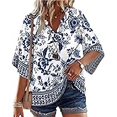 WIHOLL Boho Cute Summer Tops for Women 3/4 Sleeve Dressy Fashion V Neck Casual 2026 Business Beach Plus Size Holiday Blouses