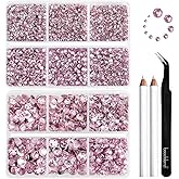 Beadsland 8300PCS Flatback Rhinestones, Pink Rhinestone Round Crystal Rhinestones for Crafts, Mixed 10 Sizes with Wax Pencil and Tweezer Kit, SS3-SS30, Light Rose/Light Pink