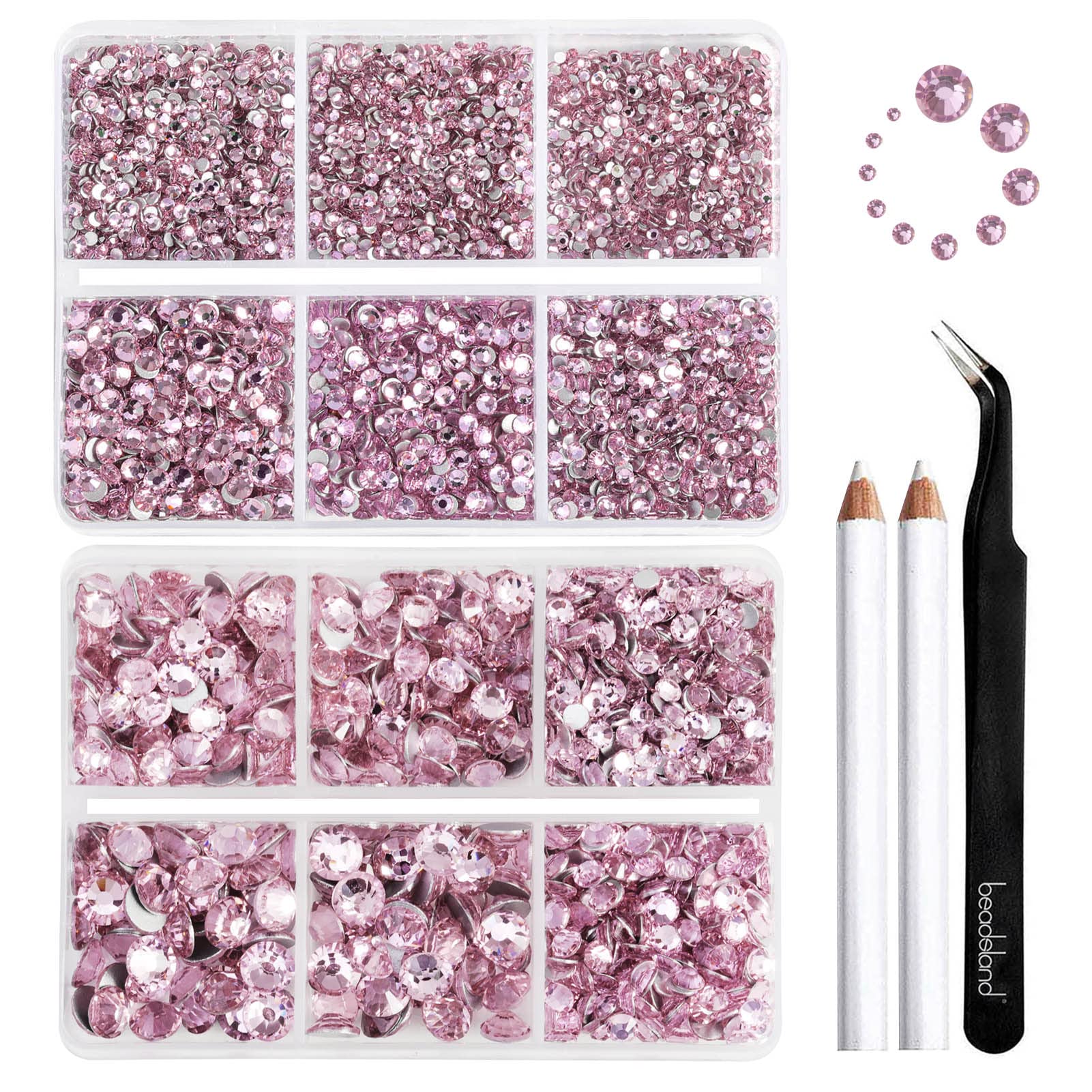 Beadsland 8300PCS Flatback Rhinestones, Pink Rhinestone Nail Gems Round Crystal Rhinestones for Crafts, Mixed 10 Sizes with Wax Pencil and Tweezer Kit, SS3-SS30, Light Rose/Light Pink