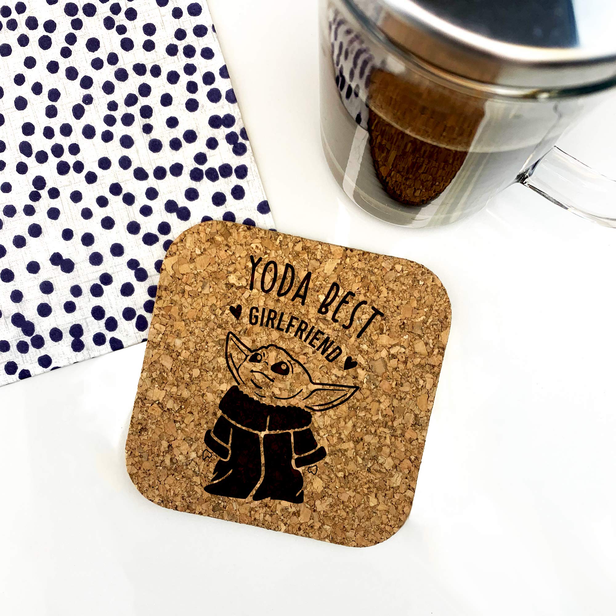 eBuyGB Personalised Square Cork Coaster, Eco-Friendly Engraved Baby Yoda Coaster, Star Wars Themed Drinks Mat, Funny Gifts for Partner (Yoda Best Girlfriend)