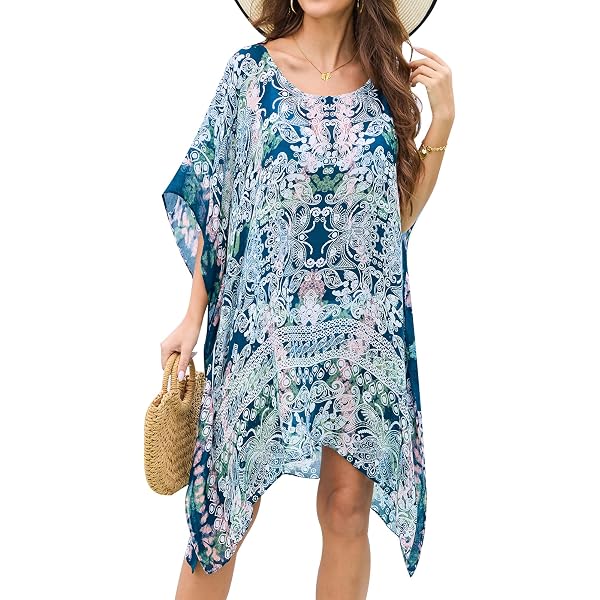 Rastogi Handicrafts 100% Cotton Hand Block Print Kaftan - Multicolor Beach Cover-Up Or Lounge Wear (One Size)