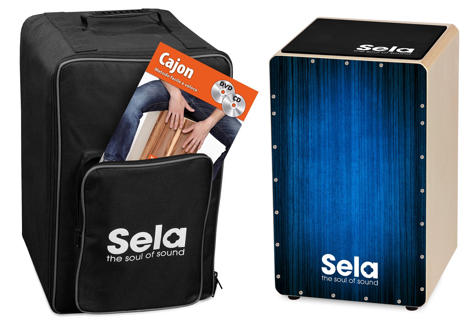 Sela SE 142 IT Varios Blue Cajon Set with backpack, cajon pad, Italian cajon method, CD and DVD