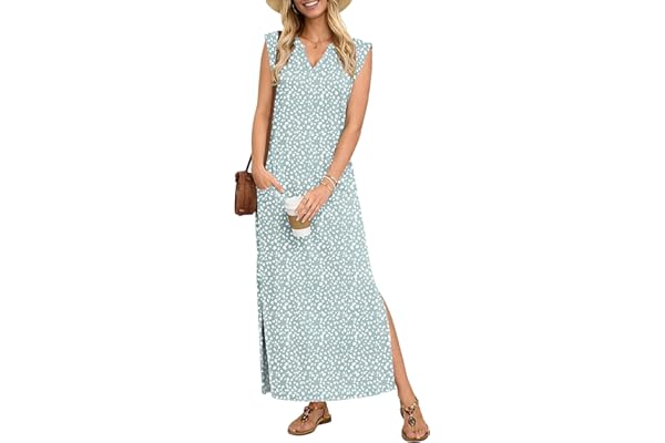 AUSELILY Women's V Neck Maxi Dresses, Straight-Cut Wrinkle-Free, Loose Split Sleeveless Vacation Dress with Pockets 2026