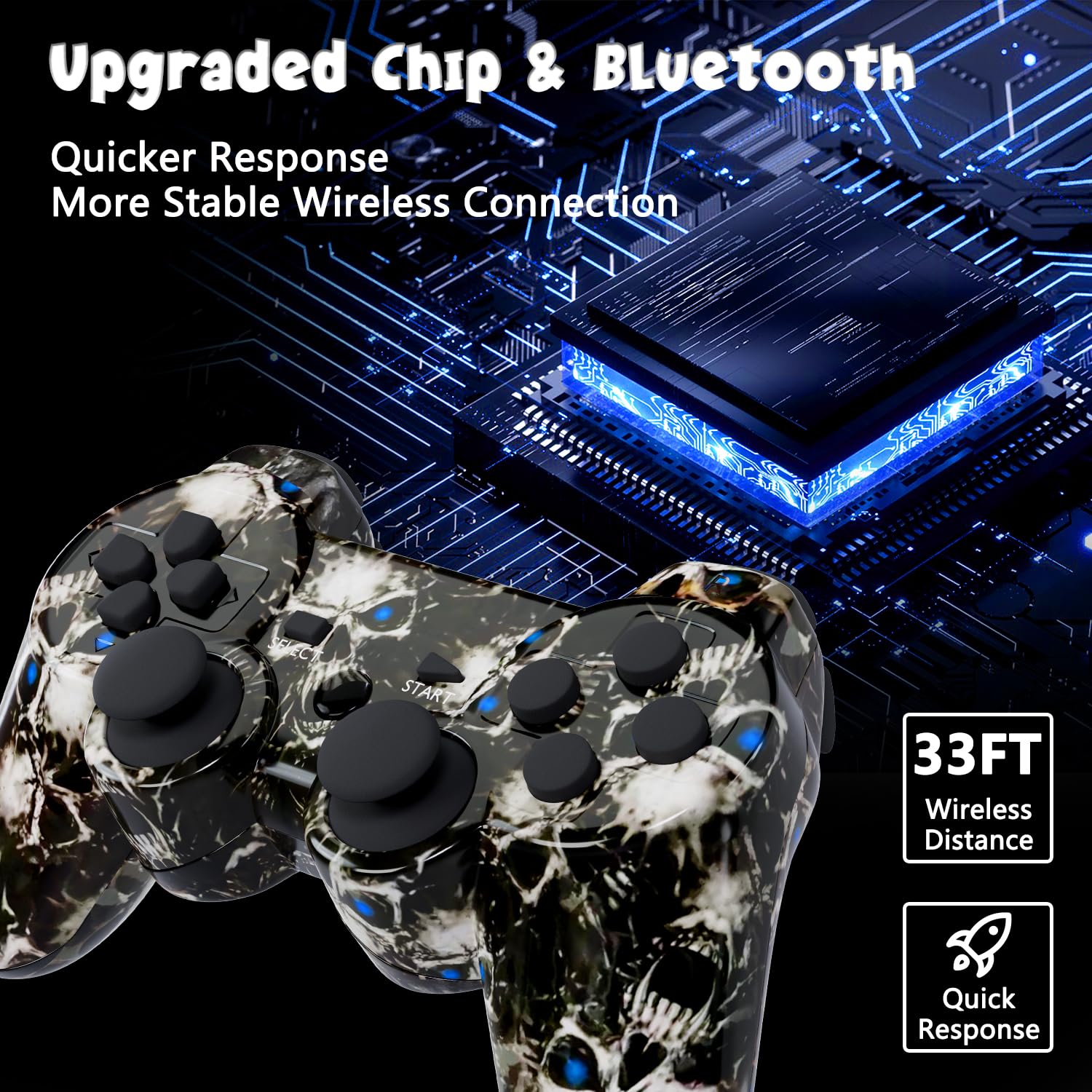 Controller for PS-3 Wireless, Gaming Remote Joystick for Play 3 with Charger Cable Cord (Black Ghost, White Skull)