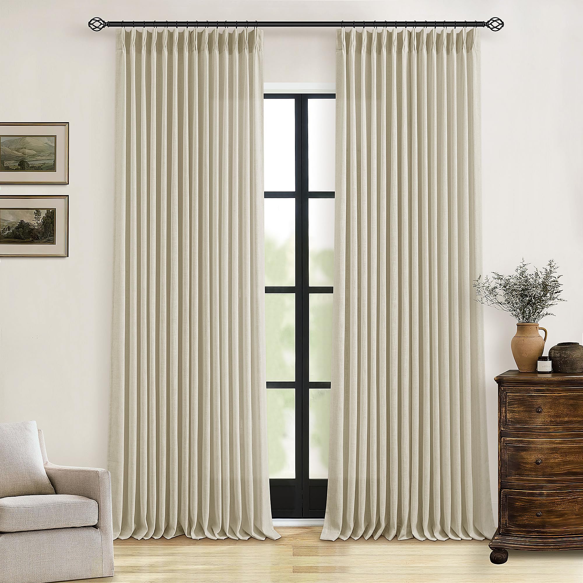 Photo 1 of 90 Inch Linen Pinch Pleated Curtains 2 Panels for Living Room Bedroom Memory Training Shaped Semi Sheer Beige Light Tan Pinch Pleat Drapes with Hooks Rings Light Filtering Window Curtain 40x90