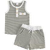 Kupretty Toddler Baby Boy Clothes 12 18 24 Month 2T 3T Summer Outfit Stripe Waffle Knit Sleeveless Vests Shirts Shorts Set