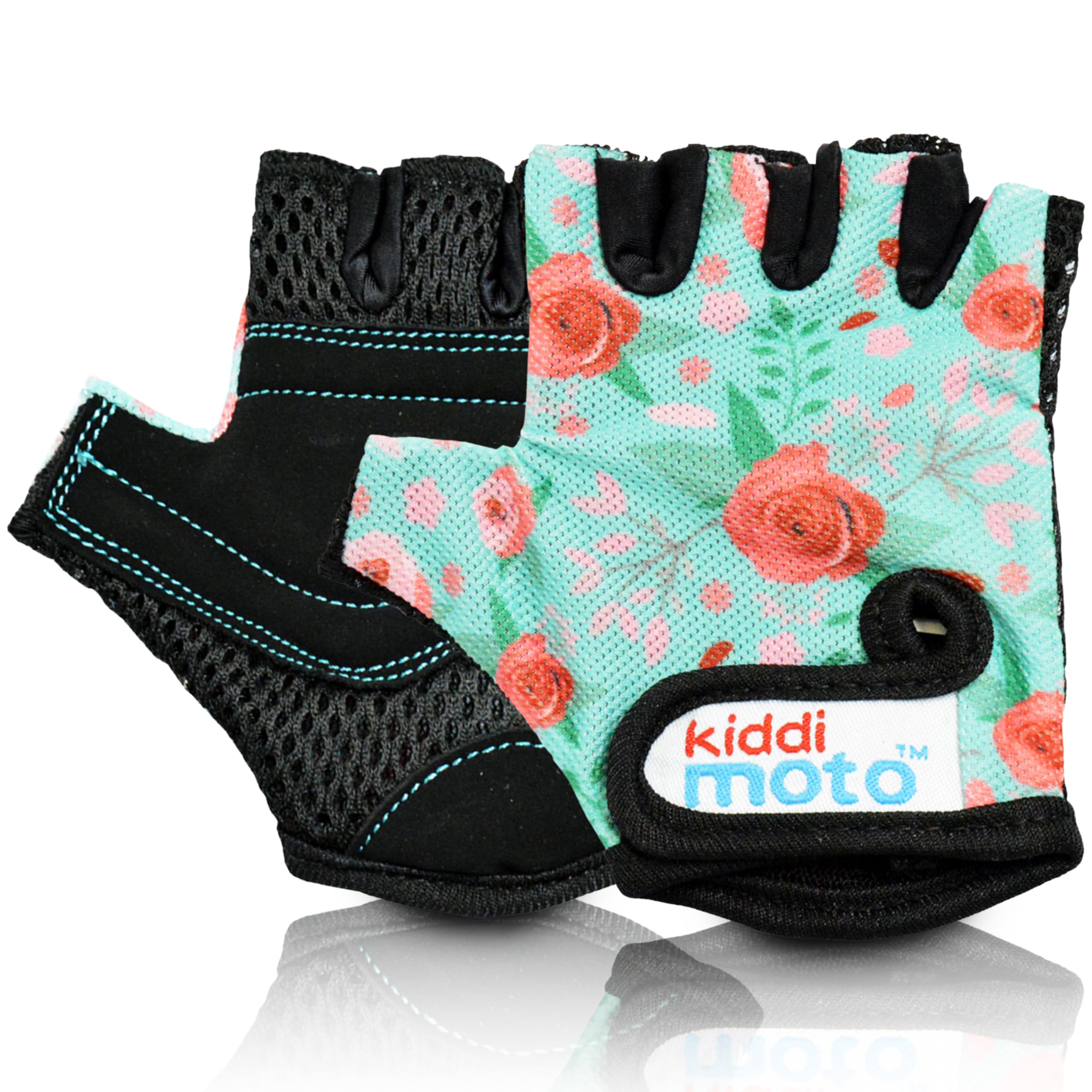 Kiddimoto Flower Anti Slip Kids Bike Gloves For Kids Boys & Girls Best Toddler Bike Gloves Ages 2-8 Fingerless Cycling Gloves For Youth Sports Like Mtb, Bmx Dirt Biking, Mountain Bike Riding, Skates