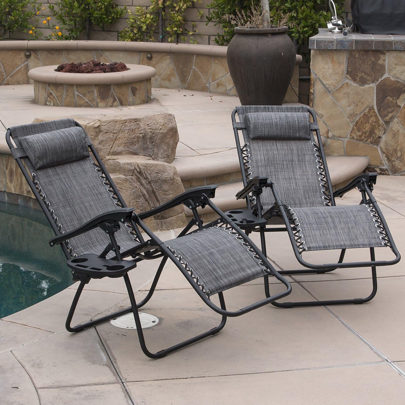 BELLEZE Zero Gravity Chairs Set of 2, Outdoor Adjustable Folding Lawn Chairs Recliner Chairs with Cup Holder Pillow, Lounge Chairs for Patio Camping Garden Beach Pool Side Deck, Gray