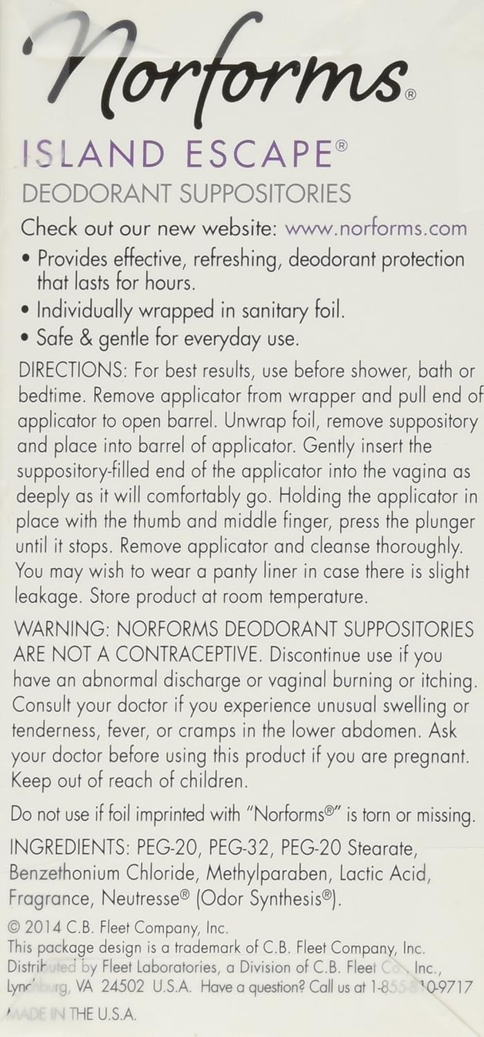 Norforms: Island Escape, Long Lasting Feminine Deodorant - 12 Suppositories : Beauty