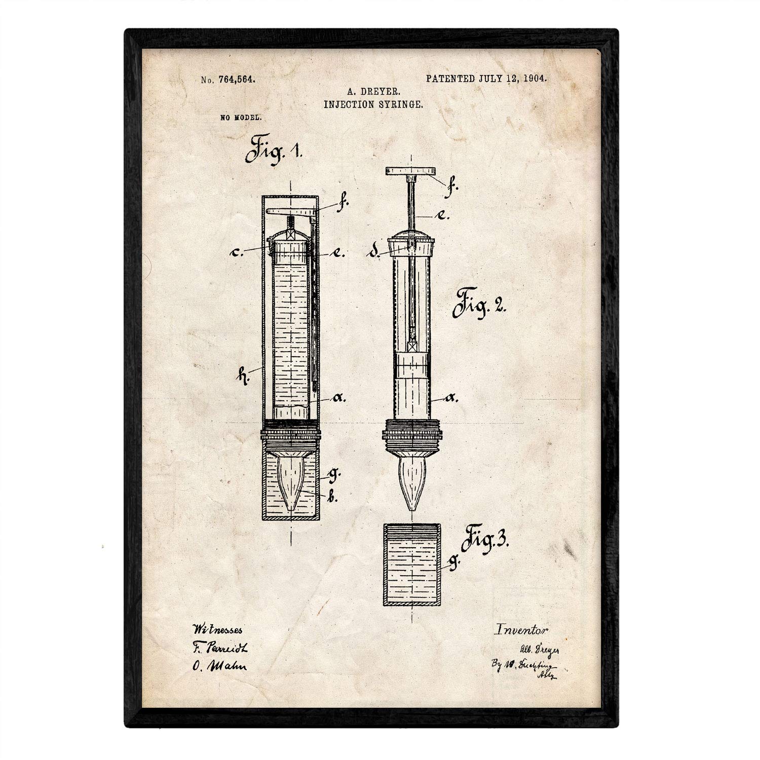 Nacnic Poster patent Syringe. Sheet with old design patent in A3 size and vintage background — image 1