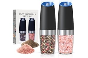 BELRIGO Battery Operated Salt And Pepper Grinder Set with LED Light, Automatic Electric Gravity Salt And Pepper Shakers Set, Each 6 AAA Batteries Needed, Adjustable Roughness, 2 Pack (Black)