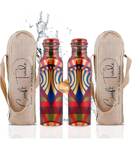 Craft Trade Floral Printed Pure Copper Bottle With Lid And Carry Bag For Drinking Water Bpa Free Leak Proof Boosts Immunity Supports Digestive Liver Health Ayurveda Inspired 34oz