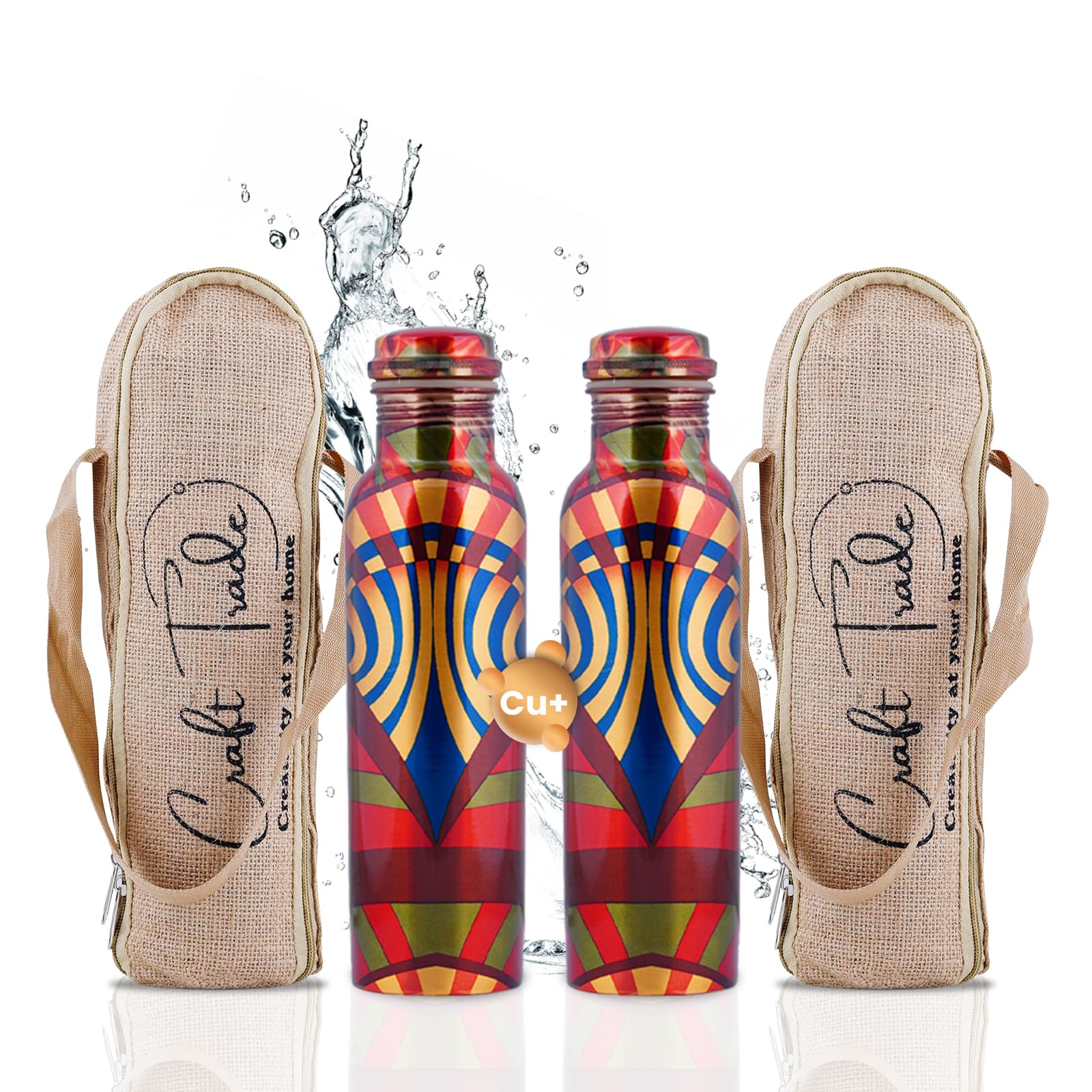 Craft Trade Pack of 2 Printed Copper Water Bottle Pure Copper Bottle with Lid and Carry Bag Leak Proof BPA Free Drinking Bottle for Sport Fitness and Yoga - 1 Litre Red