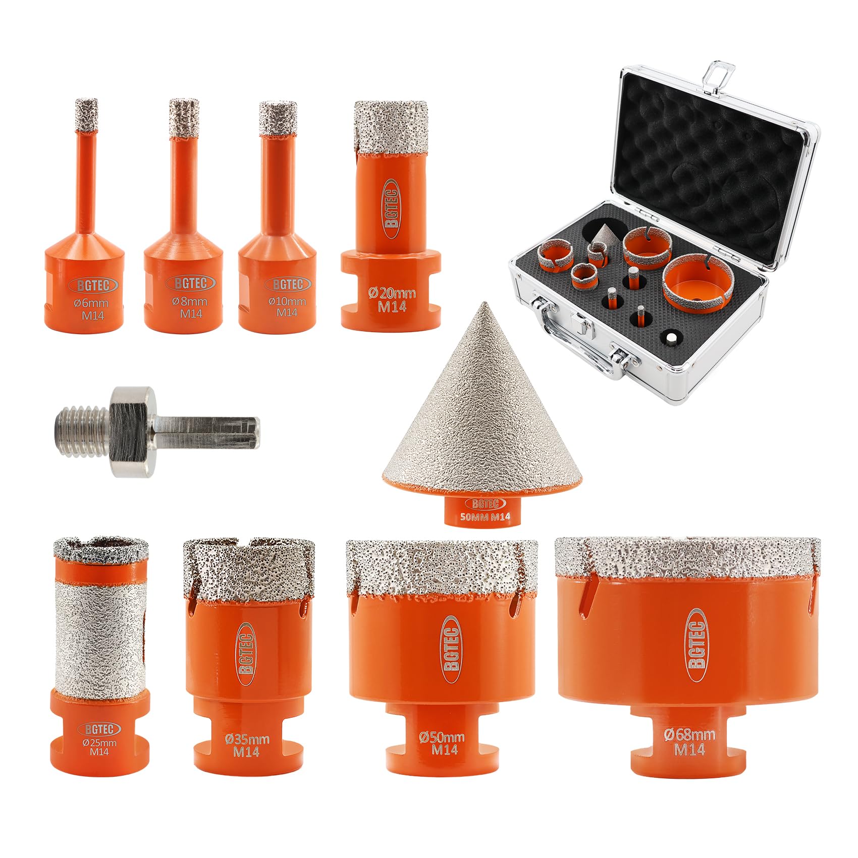 BGTEC Diamond Core Drill Bit Set -6/8/10/20/25/35/50/68mm M14 Diamond Hole Saw Kit & 50mm Chamfer Bit for Tile Porcelain Stoneware Ceramic Marble Granite Drilling,Suitable For Angle Grinders