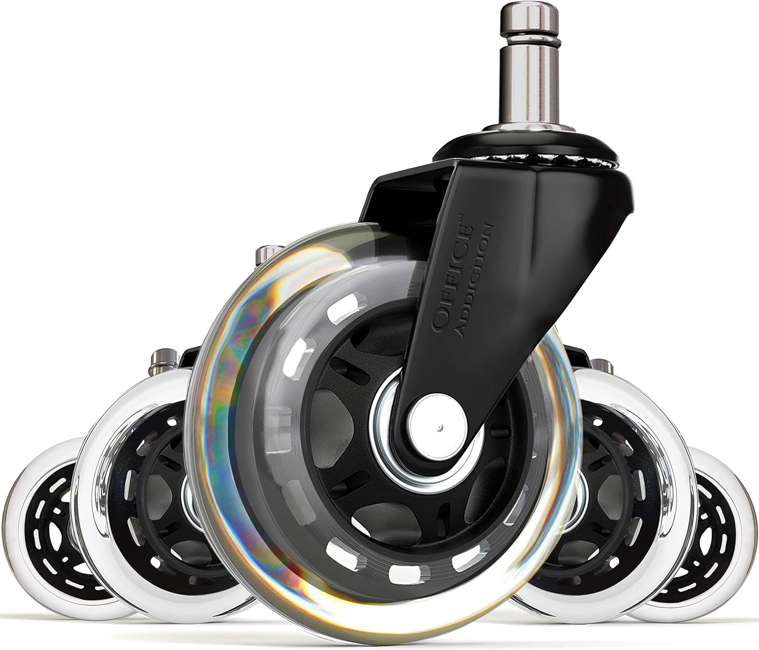 (Set of 5) Office Addiction - Office Chair Replacement Wheels - Hardwood Safe 3-Inch Heavy Duty Replacements - Ball Bearing Swivels - Floor Safe Design - Black/Clear : Office Products