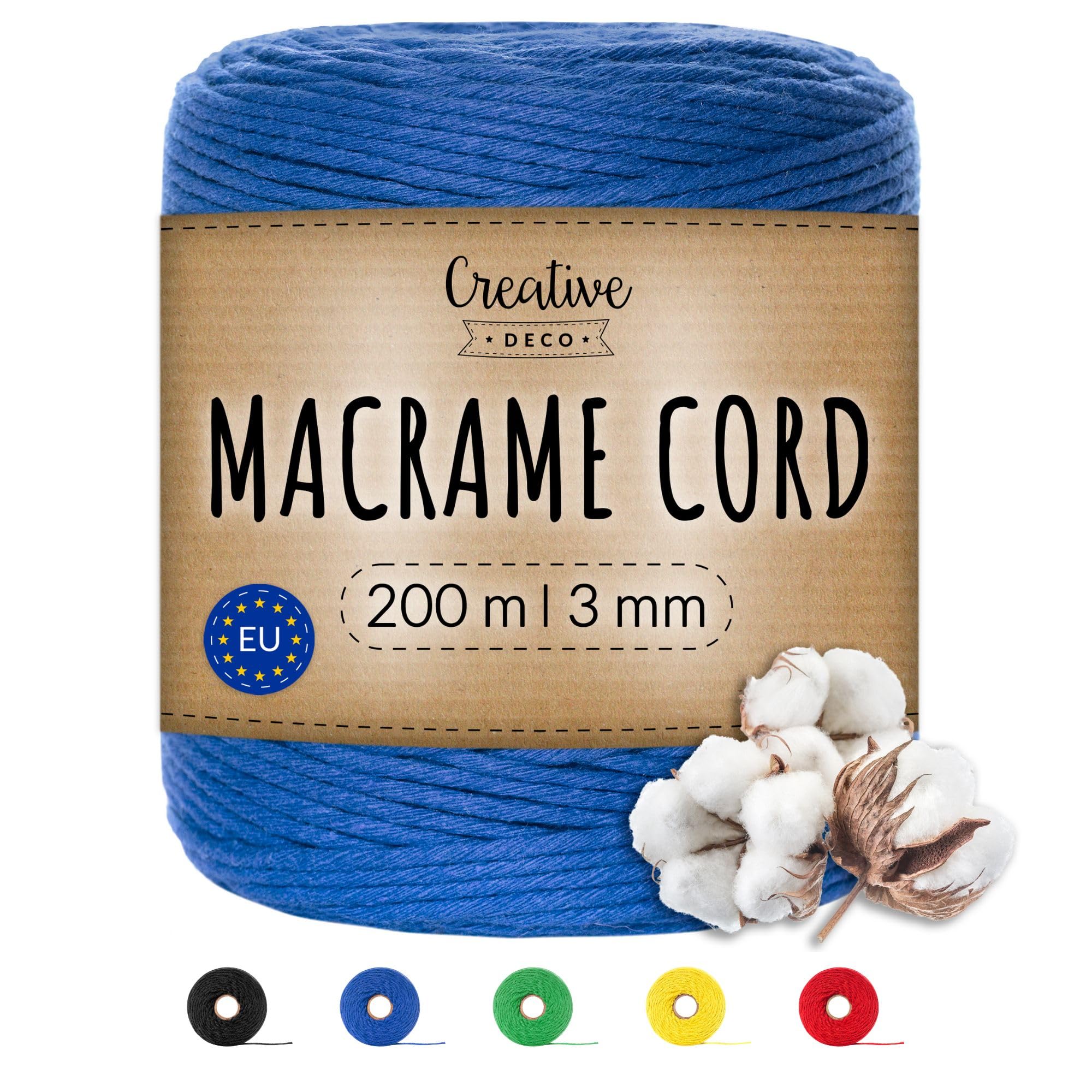 Creative Deco 656 Feet Blue Macrame Cord | 200m | 3mm Thick | Cotton Rope 15 Ply String Yarn Twine Elastic Cord | for Easter, Art and Craft, DIY, Knitting, Gift Wrapping, Wall, Plant Hanger | Strong