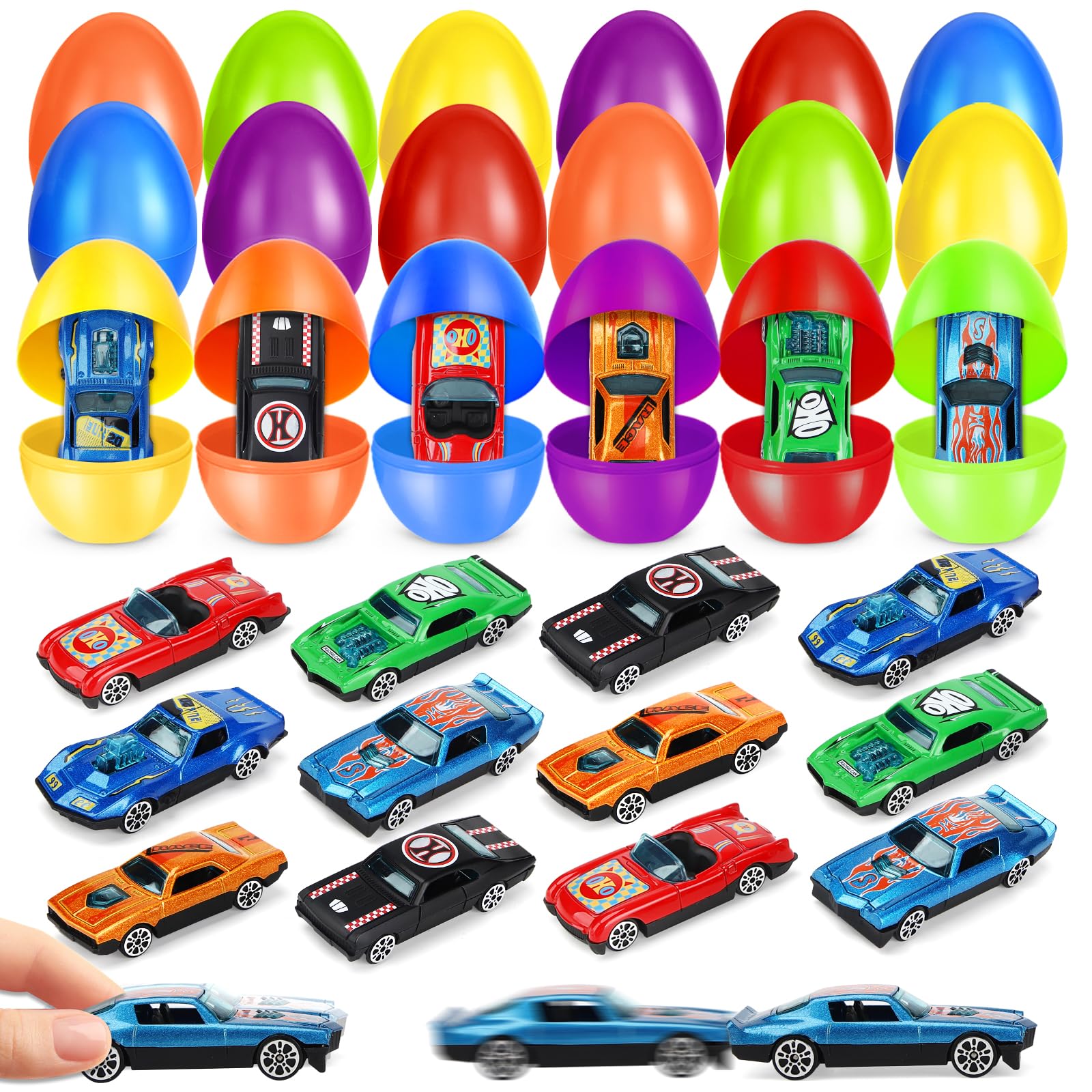 OCHIDO 12 Pack Easter Eggs Filled with Pull Back Cars, Prefilled Easter Eggs with Toys for Easter Basket Essentials, Easter Basket Stuffers with Die-Cast Cars for Easter Egg Hunt Party Favors