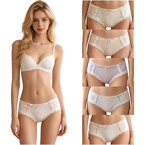 CHERSE Ruffled Cute Cotton Womens Underwear for Women 5 Packs Panties Kawaii Solid Color Lace Flower Japanese-Style