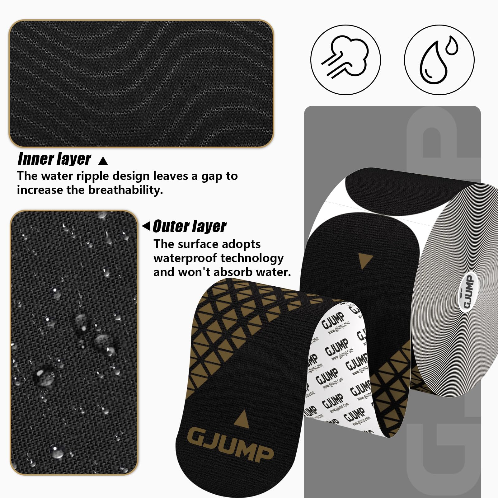 GJUMP Kinesiology Tape, Precut Athletic Sports Tape 40 Strips (2 Rolls), Waterproof Breathable Muscle Tape for Pain Relief & Joint Support