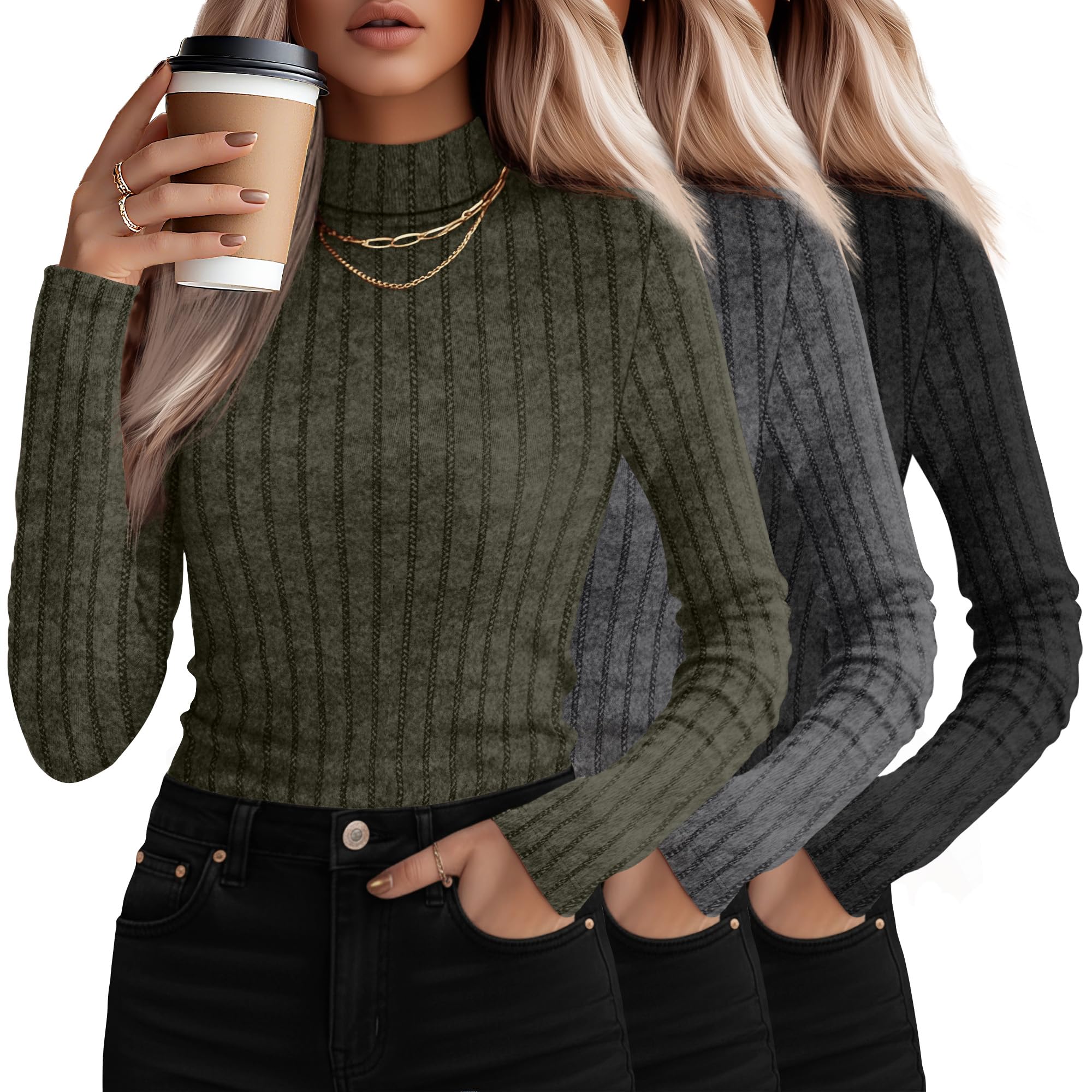 Photo 1 of 3 Pack Women's Mock Turtleneck Sweaters, Long Sleeve Ribbed Knit Tops, Fit Soft Thermal Underwear, Lightweight Fall Pullover(Army Green, Dark Gray, Black,M)