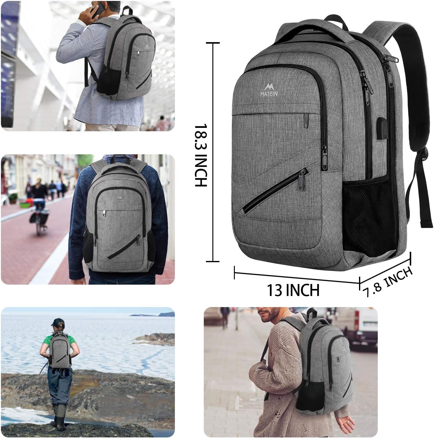 Travel Laptop Backpack,TSA Large Travel Backpack for Women Men, 17 Inch Business Flight Approved Carry On Backpack with USB Charger Port and Luggage Sleeve, MATEIN Durable College School Bookbag,Grey: Computers & Accessories