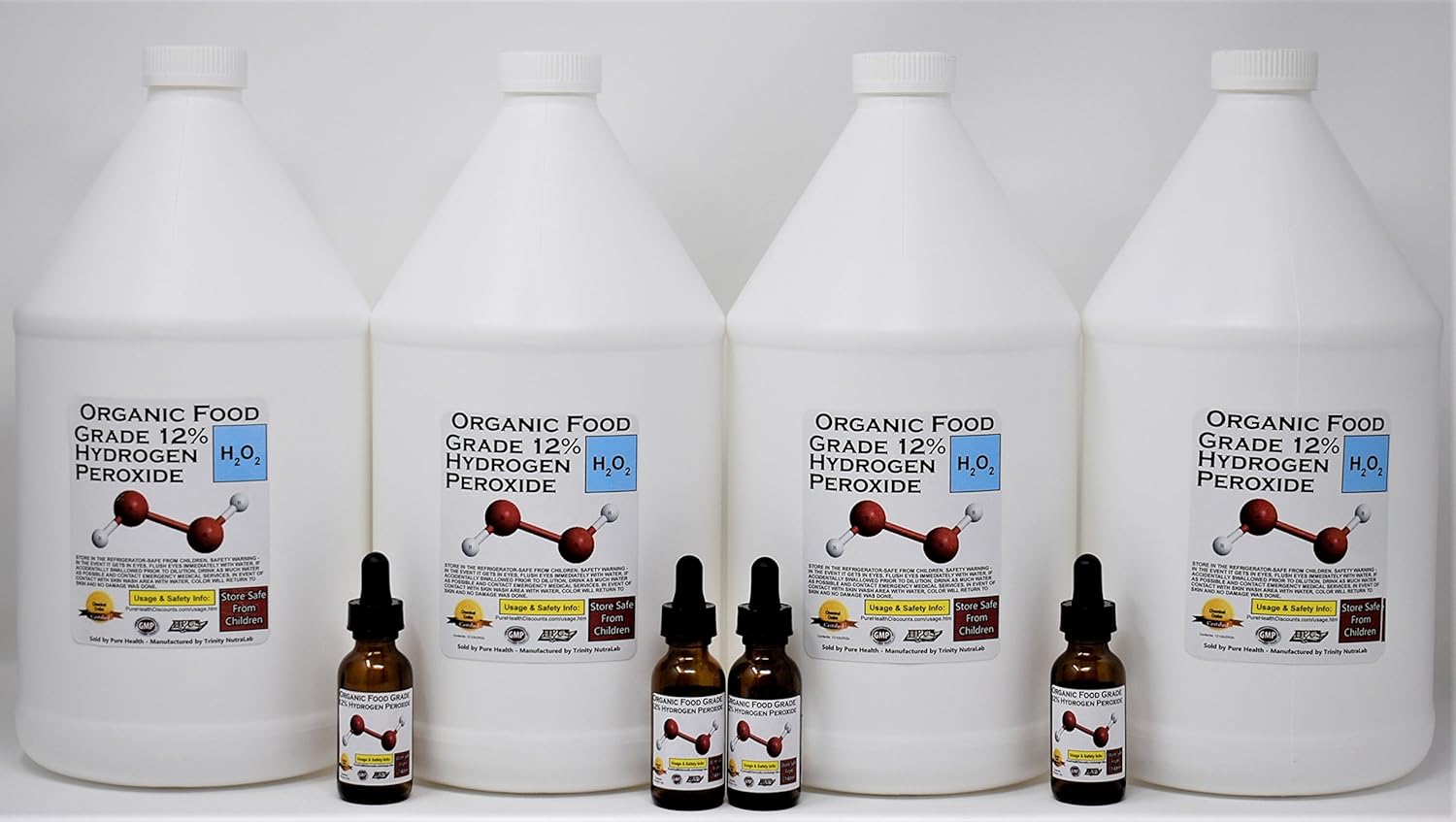 4 Gallons Organic TNL 12% Certified Food Grade Hydrogen Peroxide + 4 Pre-filled Dropper Bottles. Recommended by One Minute Cure & True Power of Hydrogen Peroxide. Shipped Fast. MADE IS USA